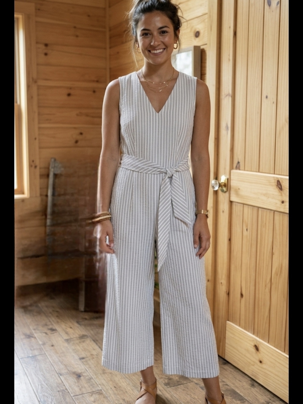 Calvin Klein Striped V-Neck Tie-Waist Cropped Jumpsuit in Beige and White